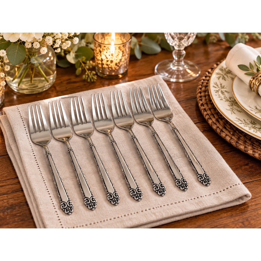 Vintage Ekco Eterna Mary Ellen Dinner Forks Set of 7 Stainless Japan Ornate